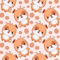 Seamless doggie pattern with spots in kawaii chibi style. Cute and colorful cartoon mascot on a beige background and brown circles. Perfect for kids artwork, stickers, nursery decor, prints and