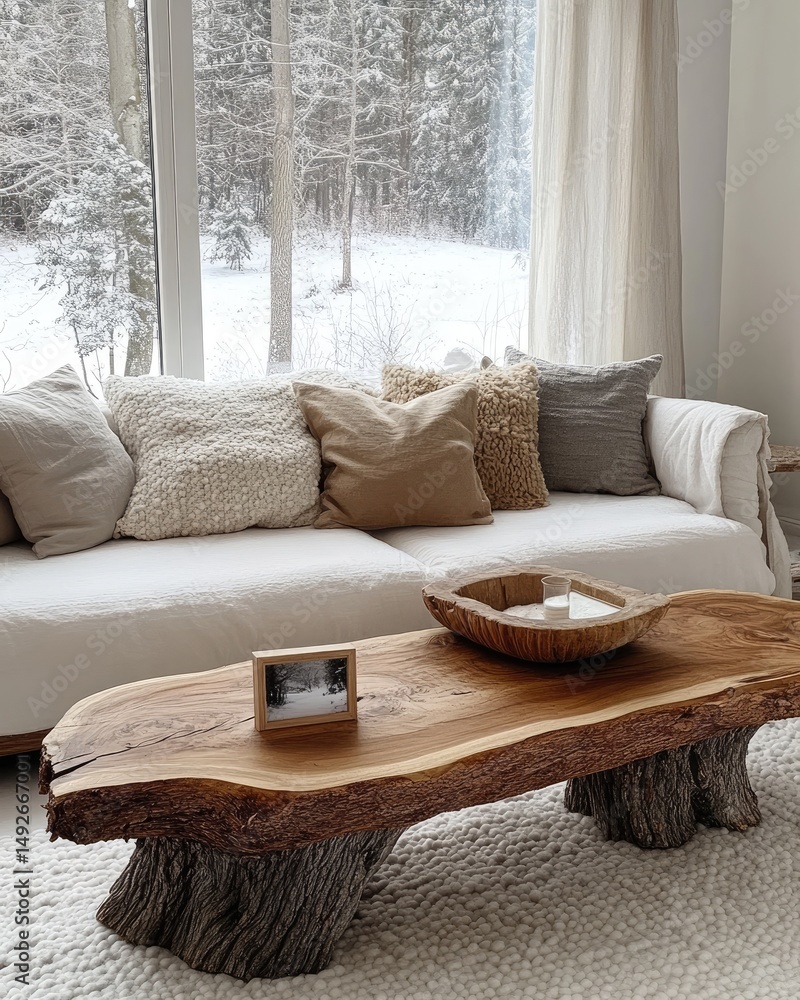 Poster cozy living room featuring a rustic wooden coffee table and plush white sofa. surrounded by snowy fo
