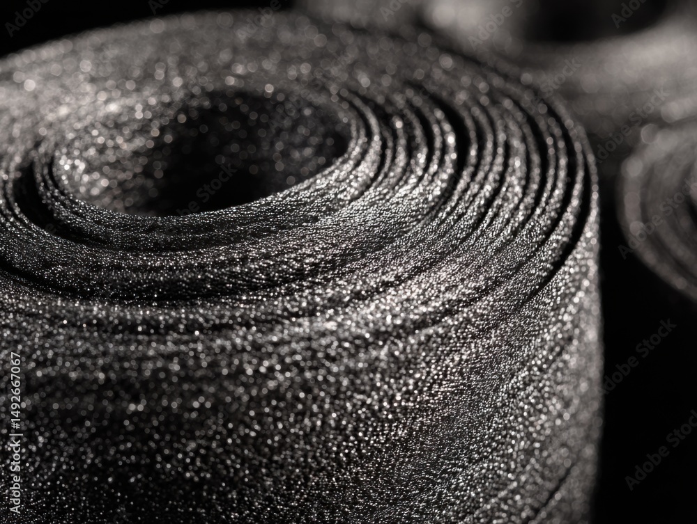 Poster close up of black textured roll in studio lighting showing detail and pattern for industrial or abst