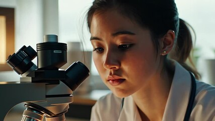 Closeup of a young female scientist carefully observing a sample through a microscope in a laboratory research setting. - Powered by Adobe