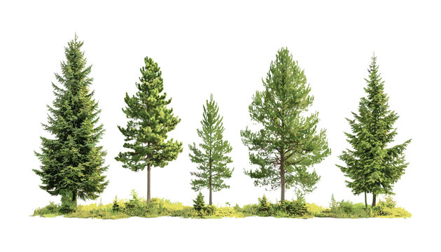 Larix laricina tamarack, black spruce Picea mariana, bright daylight conifers, perfectly cutout tree set, vector illustration, botanical rendering, landscaping elements, Arctic boreal woods.