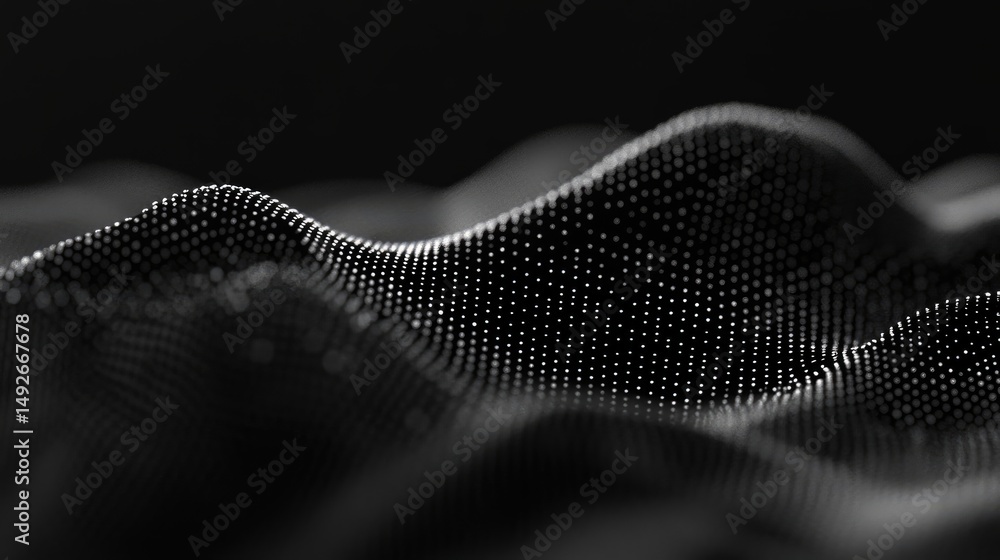 Poster abstract grayscale digital landscape; undulating surface of dense, tiny particles forming rolling hi