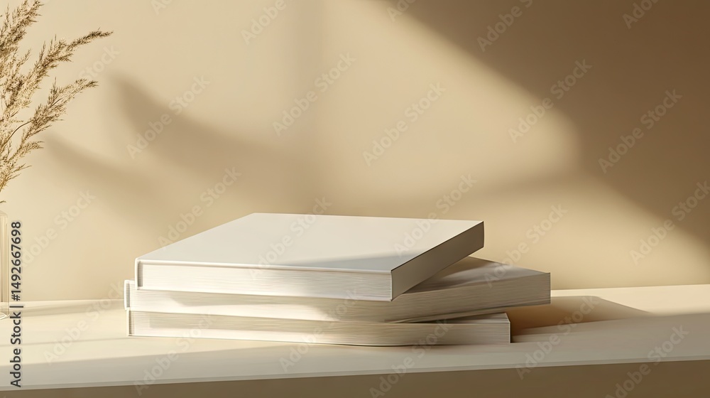 Aufkleber a minimalist scene featuring a blank white book resting on a stack of similar books on a sleek shelf