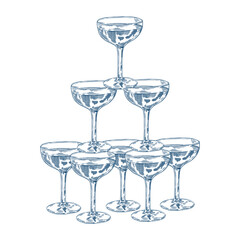 Toile de Jouy inspired wedding champagne tower timeline illustration. Wedding hand dawn ceremony icon. Elegant line art minimalist venue sketch. Elements for wedding, monogram, invitation, greeting