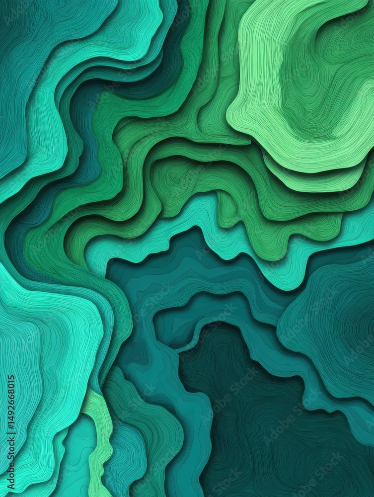 Poster abstract topographic map illustration in shades of green and teal creating a layered effect from abo