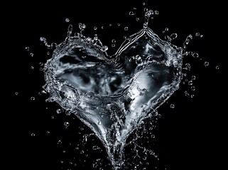 A stunning heart-shaped splash of water against a black background. capturing the essence of love and passion. ideal for romantic themes and artistic expressions