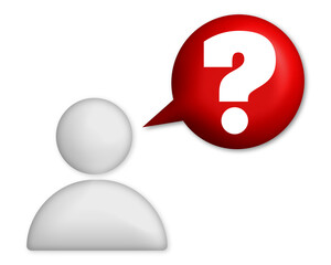 A stylized PNG image of a person with a red speech bubble containing a large white question mark, symbolizing inquiry, curiosity, and communication.