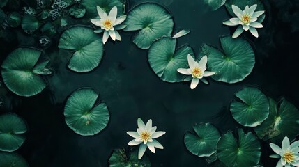 Overhead view of white water lilies and lily pads on dark water.