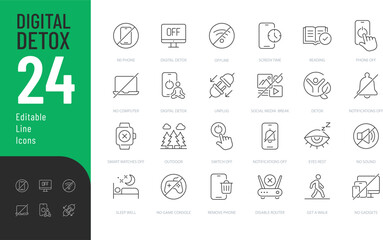 Digital Detox Line Editable Icons set. Vector illustration in modern thin line style of healthy lifestyle related icons: no phone, no computer, no social media, and more. 