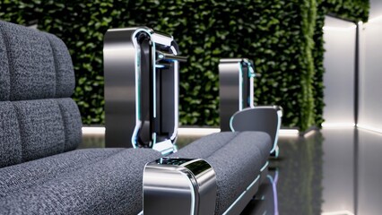 Fototapeta premium Luxurious furniture with glowing details complements a vertical garden in a modern living room, creating a relaxing and futuristic atmosphere