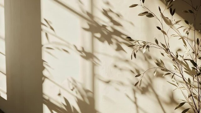 window light casts plant shadow on wall with sepia tone for warm and organic atmosphere