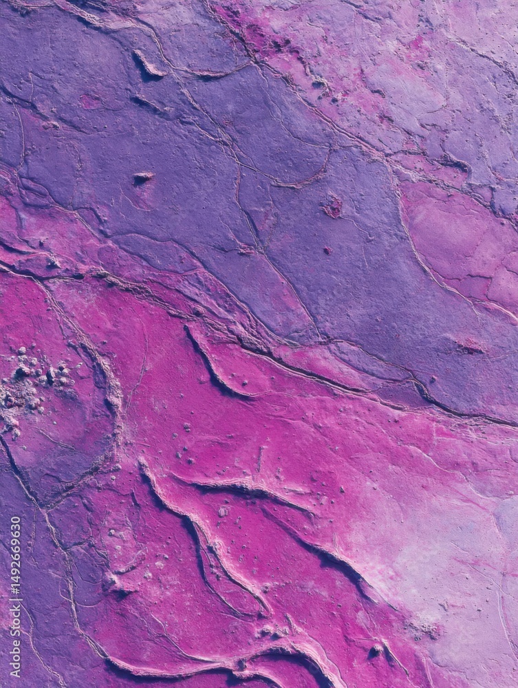 Poster Aerial view of pink and purple rock formations creating abstract patterns in a remote location from above