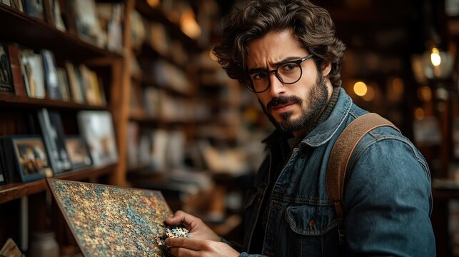 Man examining antique art - Powered by Adobe