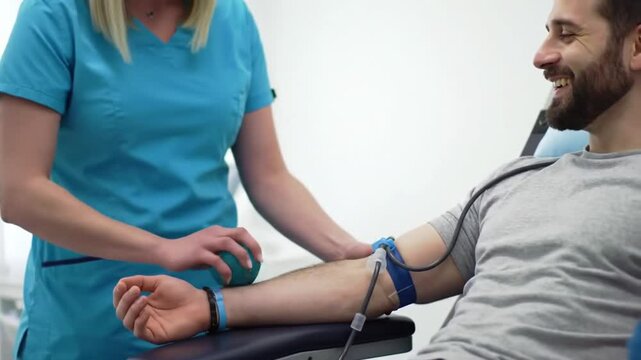 Blood Donation in Clinic with Smiling Man Donating Blood While Healthcare Worker Assists Wearing Turquoise Scrubs with Donors Green Stress Ball