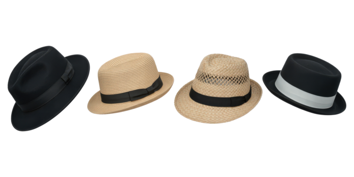 A group of four hats with different styles and colors on transparent background