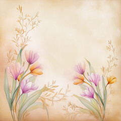 Obraz premium Floral illustration showcases vibrant pink and yellow flowers with lush green leaves against a warm beige backdrop, ideal for creative projects and designs