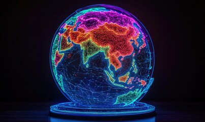Glowing, colorful, 3D globe; Asia focused
