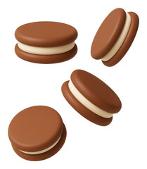 Brown Chocolate Sandwich Cookies with Creamy Filling Falling on Transparent Background