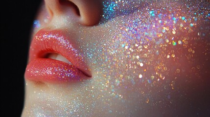 Close-up of a woman's lips and nose. the lips are painted with a vibrant red lipstick, and the skin around them is covered in a glittery, iridescent substance.