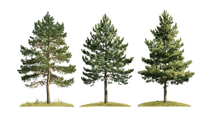 Set of Pinus strobus, eastern white pine, northern white pine, Weymouth pine, soft pine, isolated tree cutout, vector illustration, forest flora, conifer tree, nature background.