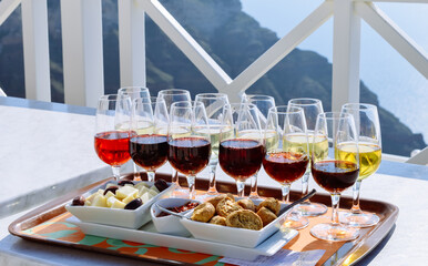 Quality wine and snacks from Santo Wines winery in Santorini Island, Greece