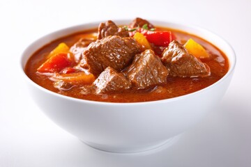 Hungarian goulash on a white background, photographed under soft natural light, detailed food texture, clean composition.