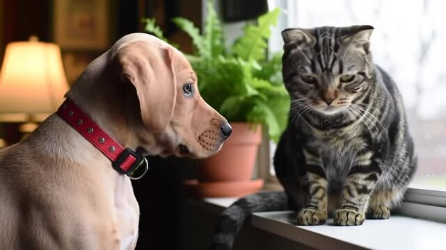 Brown Puppy Seating Next to Tabby Cat on Windowsill Indoors with Natural Light and  Expressive Pets with Intense Focus and Gentle Companionship at Eye Level View