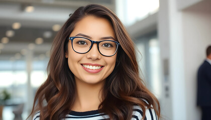 A young woman with long, wavy hair, wearing glasses and a striped shirt, smiling confidently in a bright, modern interior setting with soft natural light.