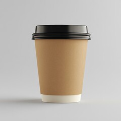 Brown disposable coffee cup with black lid