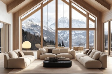 Modern living room with a cozy atmosphere. featuring a large sectional sofa. coffee table. and panoramic windows showcasing a snowy mountain landscape outside