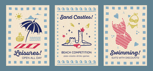 Summer beach leisure posters with umbrella, sand castles, swimsuits and grainy textures. Advertises and flat cards, retro vector illustrations.
