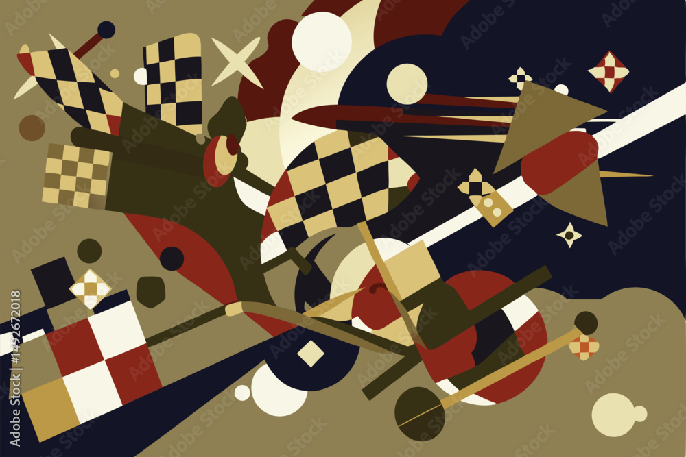 Poster abstract geometric composition in a modern cubist style with checkerboard elements and vibrant color
