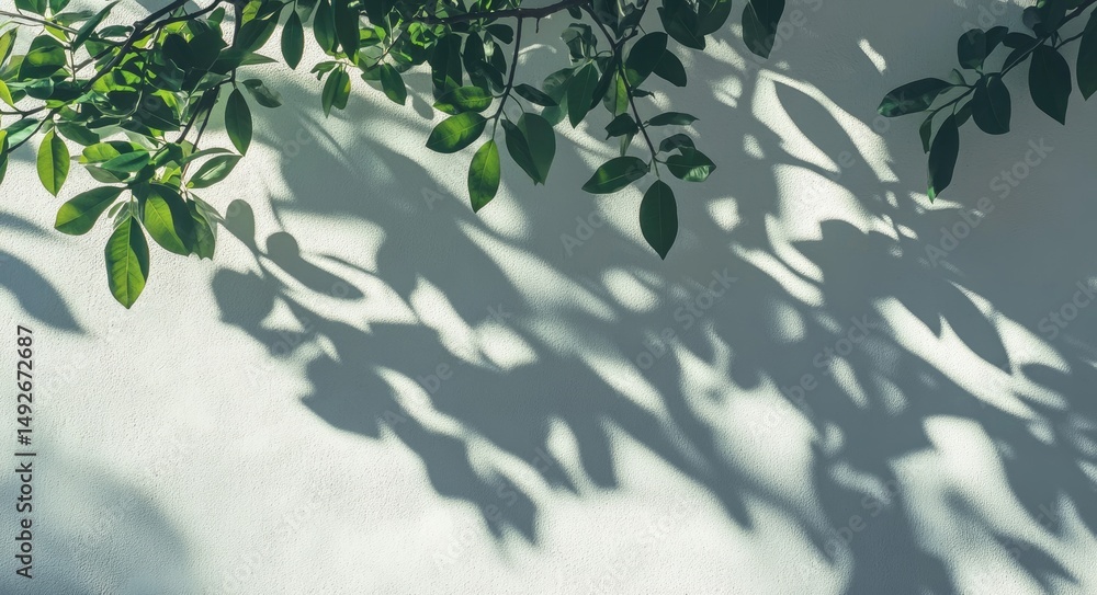 Poster a serene scene showcasing delicate shadows of leaves cast on a textured white wall. creating a tranq