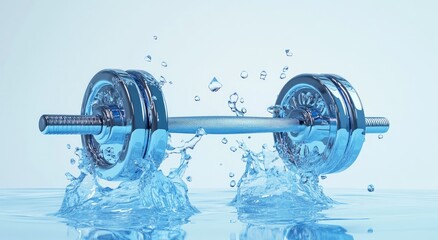 A shiny dumbbell splashes into clear water. creating dynamic ripples and droplets. set against a serene blue background. ideal for fitness and wellness themes