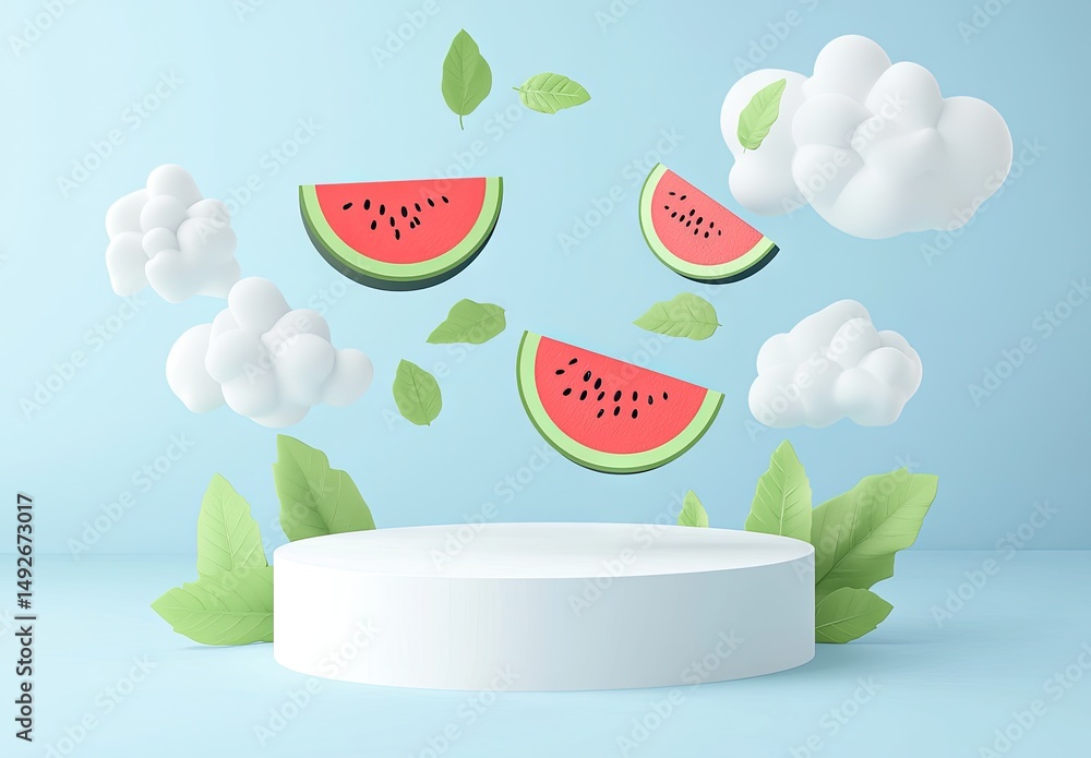 Poster floating watermelon slices amidst soft clouds and green leaves on a minimalist stage. creating a whi