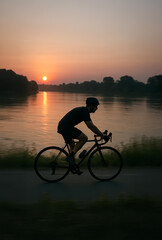 Obraz premium Silhouette of a cyclist riding along a riverside path during sunrise, reflecting warm hues on the calm water surface.
