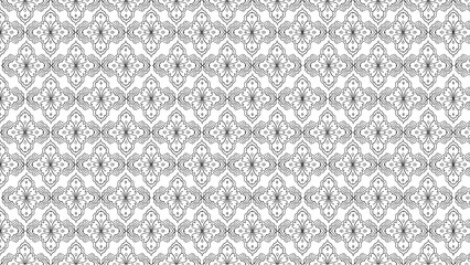 Repeating floral pattern with diamond shapes and wavy lines in black and white monochrome design