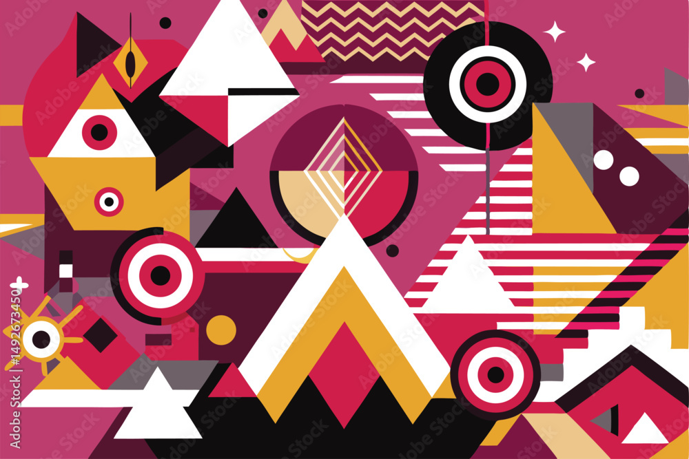 Poster abstract geometric composition with dynamic shapes and vibrant colors suitable for design projects