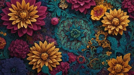Vibrant floral pattern bursts forth, showcasing chrysanthemums, roses, dahlias in rich hues. Leaves intertwine, creating ornate tapestry against dark background. Intricate design exudes elegance.