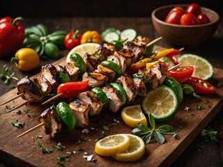 Succulent grilled chicken skewers intermingle with vibrant red, yellow bell peppers, zesty lemon slices, charred onion pieces on rustic dark wood surface. Fresh ingredients like whole tomatoes.
