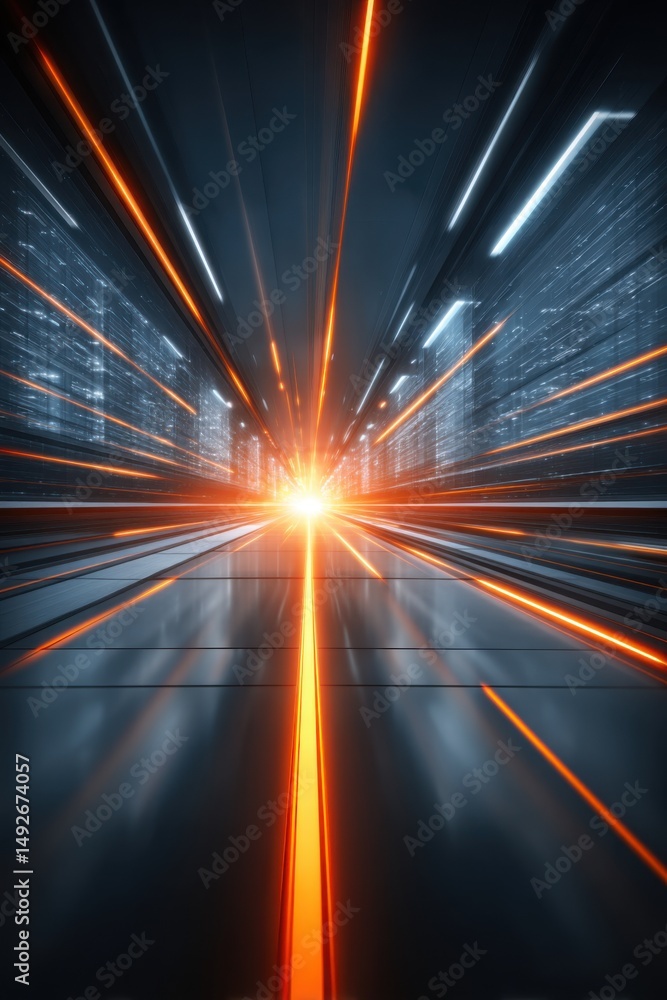 Poster futuristic tunnel with glowing lines perspective view of a modern structure with bright light at the