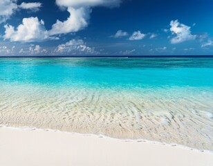 Fototapeta premium beautiful sandy beach with white sand and rolling calm wave of turquoise ocean on sunny day on background white clouds in blue sky island in maldives colorful perfect panoramic natural landscape