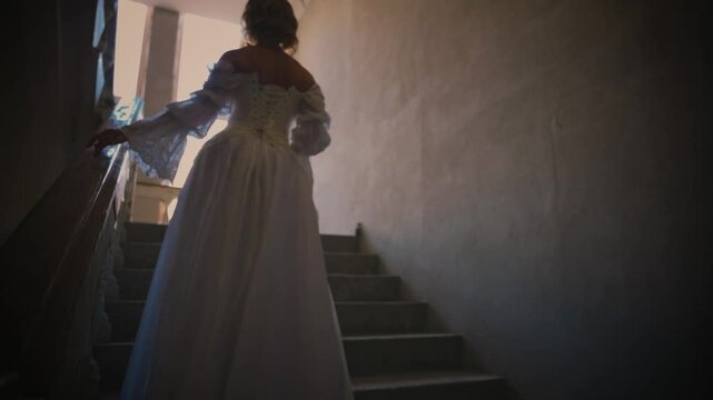Dark silhouette woman queen is climbing the stairs, walking up steps to window, waiting love. Fantasy fairy lady Happy Princess girl, white silk vintage long dress victorian old style back rear view