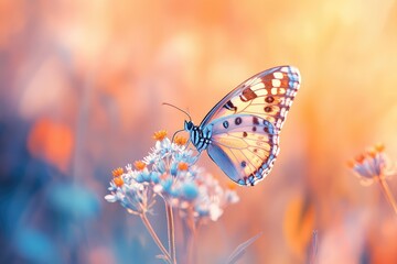 Obraz premium A delicate butterfly with translucent wings rests gently on a cluster of soft, pastel-colored wildflowers in a sunlit meadow.