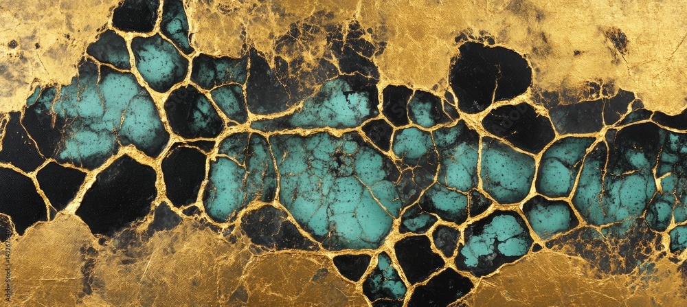 Aufkleber a close-up view of an abstract painting featuring vibrant yellow and teal colors with intricate blac
