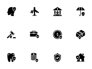 Comprehensive Set of Black Icons Depicting Various Insurance and Protection Concepts
