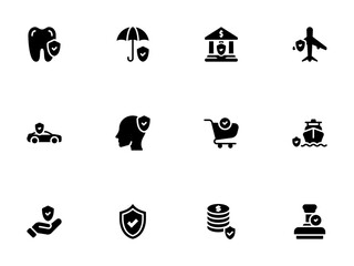 Black Glyphs Set Diverse Insurance and Protection Symbols