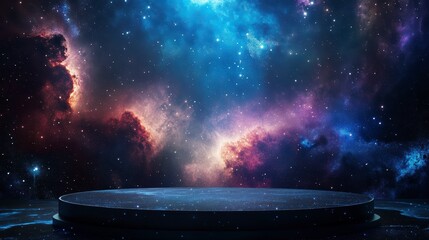 Dark, circular platform against a vibrant nebula backdrop.
