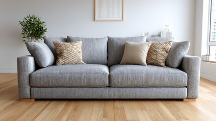 Obraz premium Modern Linen Sofa in Light Gray with Decorative Pillows in Studio Setting