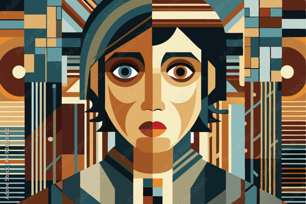Poster abstract geometric portrait of a woman in cubist style with multiple colors and transparency